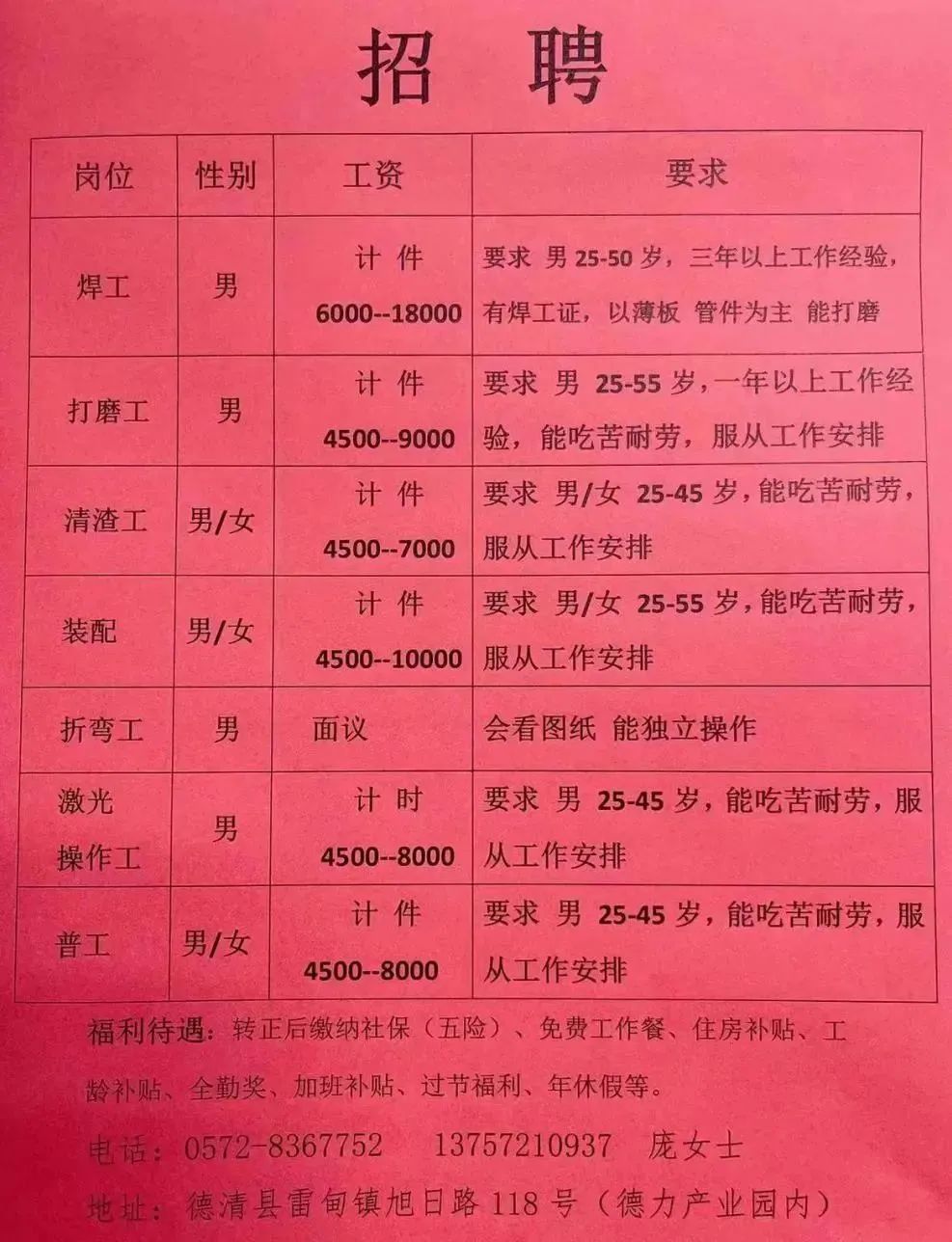 最新发布：无棣女工招聘信息